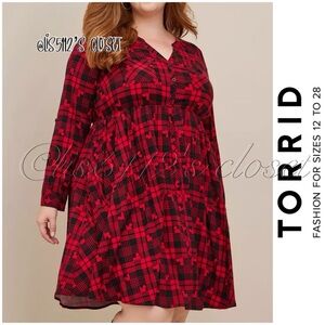 Torrid x Disney Mickey Mouse Red & Black Plaid Button Front Shirt Dress 1X 14 16